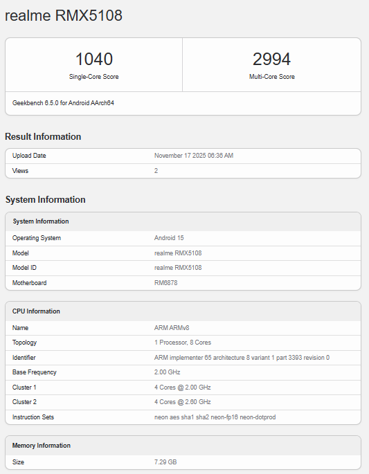 Realme RMX5108 Geekbench