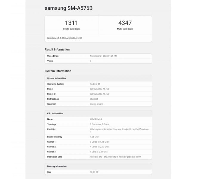 Samsung Galaxy A57 sudah muncul di Geekbench