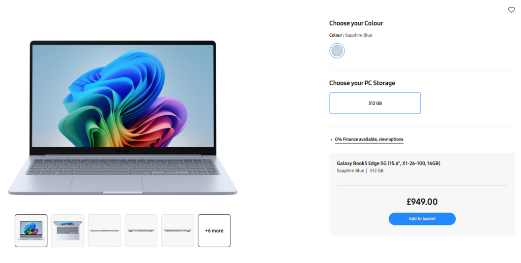 Página de compra do Samsung Galaxy Book 5 Edge 5G