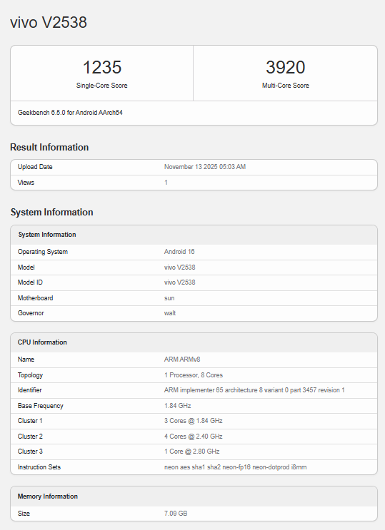 Vivo V70 Geekbench