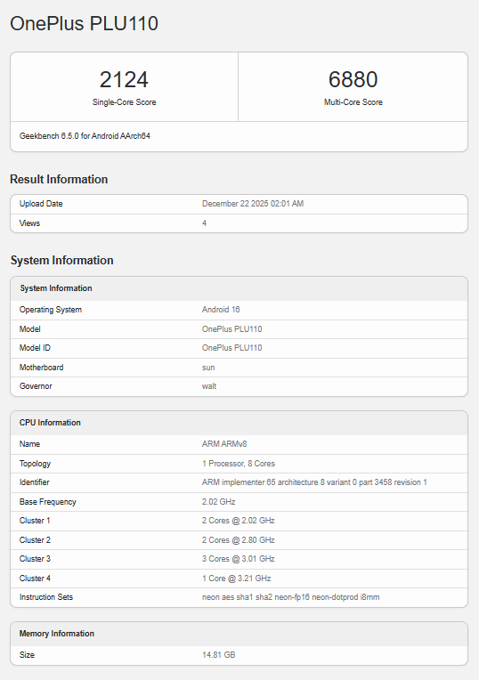 Alleged OnePlus Turbo spotted on Geekbench, key specifications tipped OnePlus has confirmed that it will unveil the OnePlus Turbo, a new series of performance-focused smartphones, in January 2026 in China. Ahead of the expected launch, the alleged device has appeared on the Geekbench database. At the same time, a reliable tipster has revealed new details about the phone’s potential global arrival. OnePlus Turbo Geekbench listing As seen in the listing, an upcoming OnePlus phone meant for the Chinese market, bearing the model number PLU110, has surfaced on Geekbench. The benchmark data reveals that the device is powered by the Snapdragon 8s Gen 4 chipset. This has been deduced based on the CPU and GPU details available in the Geekbench metadata. The listing further reveals that the device is equipped with 12GB of RAM and runs Android 16. The handset has also managed to score in both the single-core and multi-core tests. Previous reports have already claimed that the upcoming OnePlus Turbo will be powered by the Snapdragon 8s Gen 4 chipset. Therefore, it is likely that the model number PLU110 is associated with the OnePlus Turbo. Rumours surrounding the device suggest that it will feature an OLED screen with a 165Hz refresh rate and a massive 9,000mAh battery. In related news, tipster Abhishek Yadav has claimed that an upcoming OnePlus phone codenamed “Volkswagen” will also feature the Snapdragon 8s Gen 4 chipset. He added that this device could pack a 9,000mAh battery with 80W fast charging support and a 6.xx-inch OLED display offering a 1.5K resolution and a 165Hz refresh rate. The said device is expected to launch in global markets, including India. While the tipster has not revealed the official name, it could be a rebranded or slightly tweaked version of the OnePlus Turbo. More clarity is expected as additional reports surface in the coming days. For more daily updates, please visit our News Section. Stay ahead in tech! Join our Telegram community and sign up for our daily newsletter of top stories. (via)