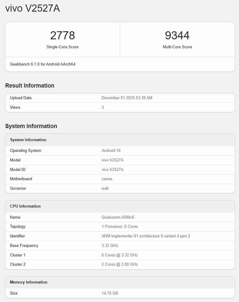 Vivo S50 Pro Mini sudah muncul di Geekbench