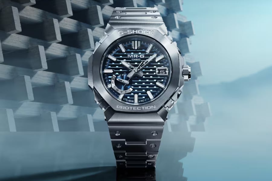 Casio MRG-B2100D-2A is a Japanese pagoda-inspired timepiece with blue dial, titanium build