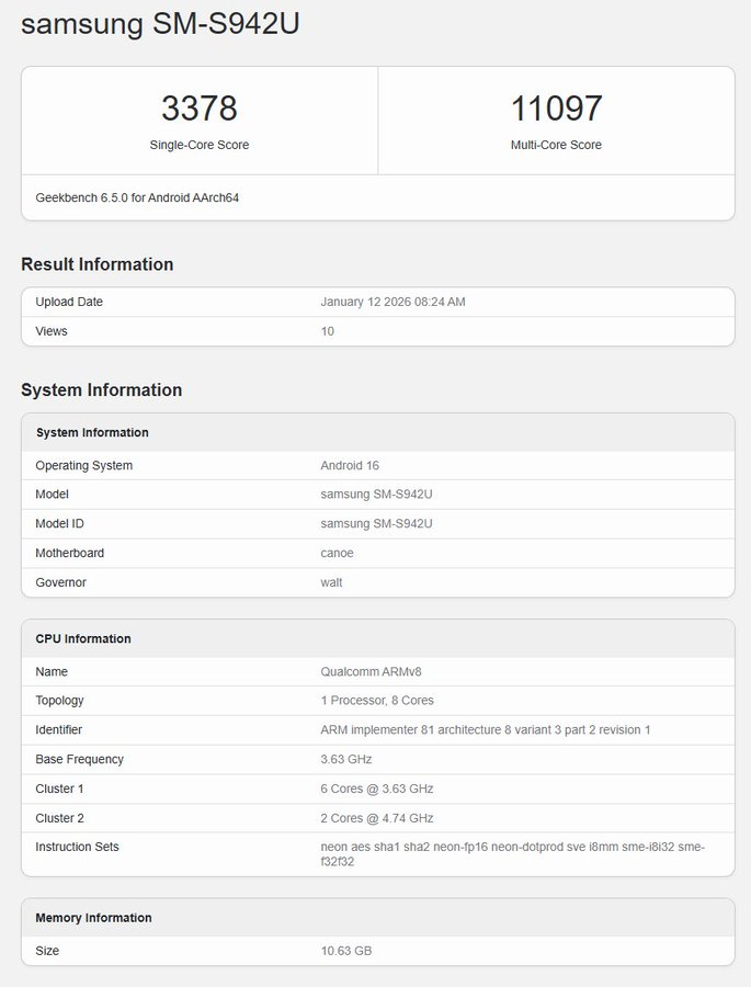 Galaxy S26 Geekbench listing