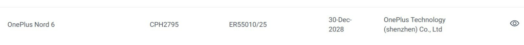 OnePlus Nord 6 TDRA listing certification