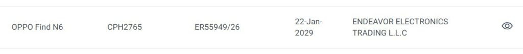 Oppo Find N6 TDRA listing