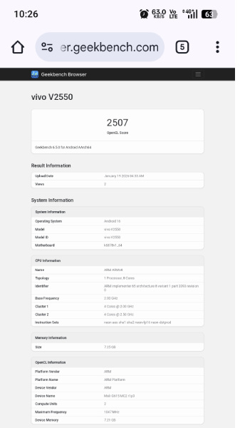 Vivo V70 FE Geekbench Listing