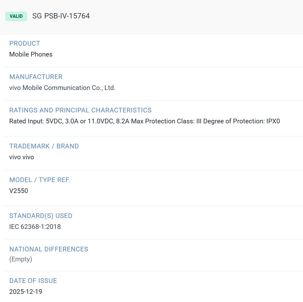 Vivo V70 FE TUV listing
