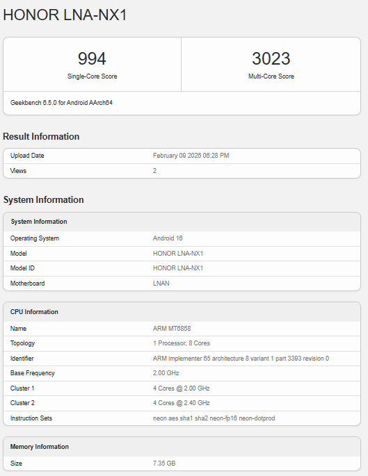 Honor 600 Lite Geekbench listing