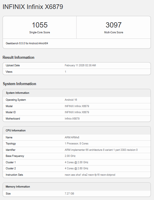 Infinix Note 60 Geekbench