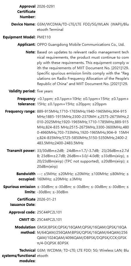 Oppo Find X9s Pro SRRC certified