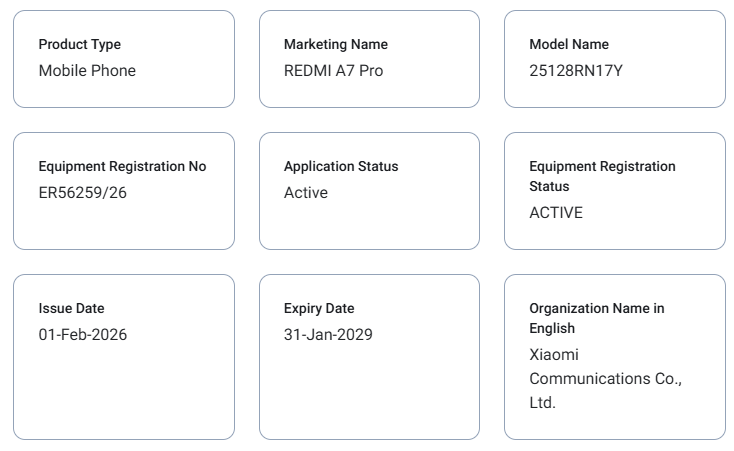 Redmi A7 Pro TDRA listing