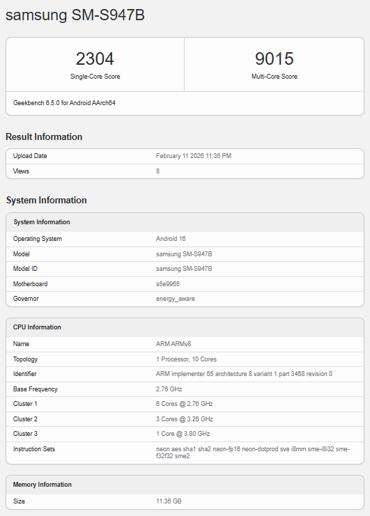 Samsung Galaxy S26 Plus Geekbench listesi