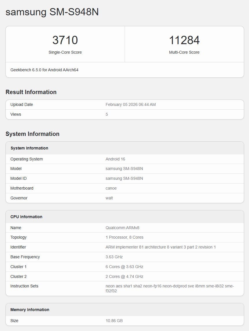 Samsung Galaxy S26 Ultra Korean variant Geekbench-