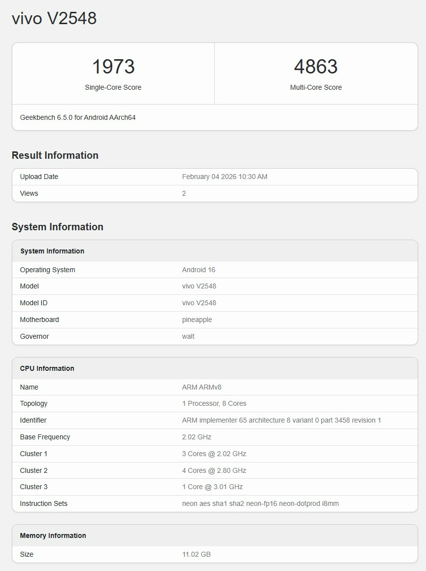 Vivo V70 Elite Geekbench