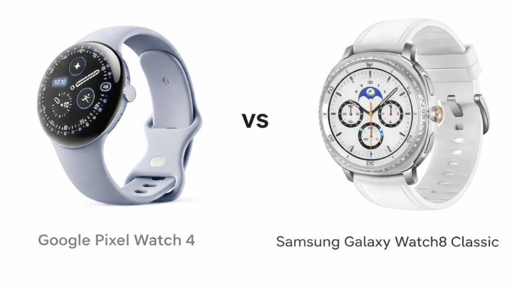 Perbandingan Pixel Watch 4 vs Galaxy Watch8 Classic pada pergelangan tangan (Photo: Google, Samsung)