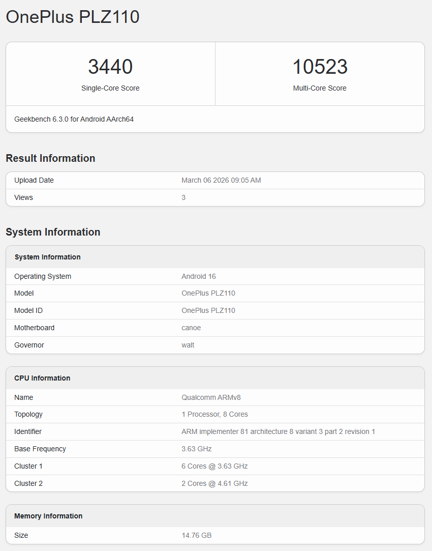 OnePlus 15T Geekbench