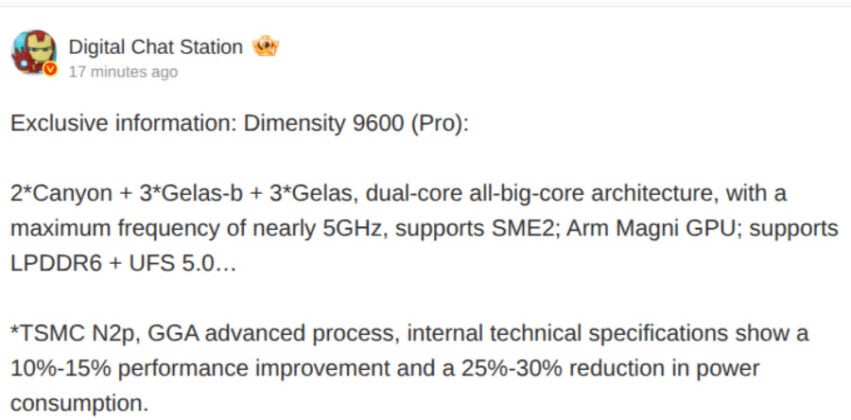 MediaTek Dimensity 9600 core setup leaks, performance gains capped at 15%