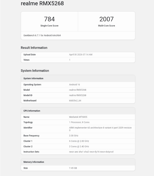 Realme 16T Geekbench