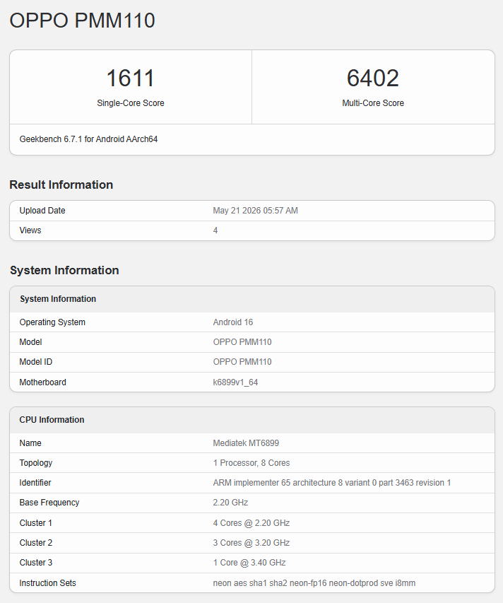 Oppo Reno 16 Geekbench