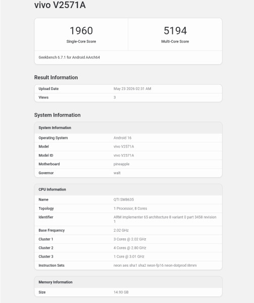 Vivo S60 Geekbench