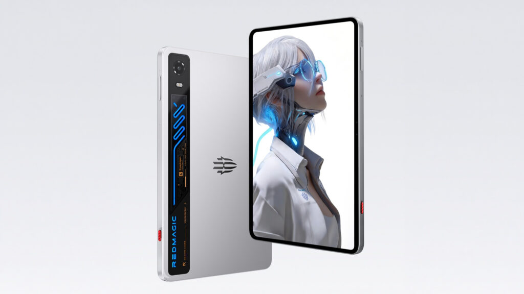 Tampilan samping Red Magic Gaming Tablet 5 Pro yang memperlihatkan bodi ramping dan desain transparan