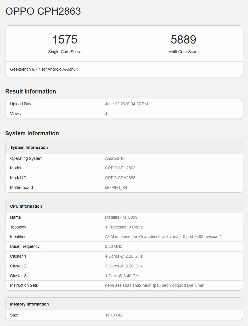 Global Oppo Reno 16 Pro Geekbench