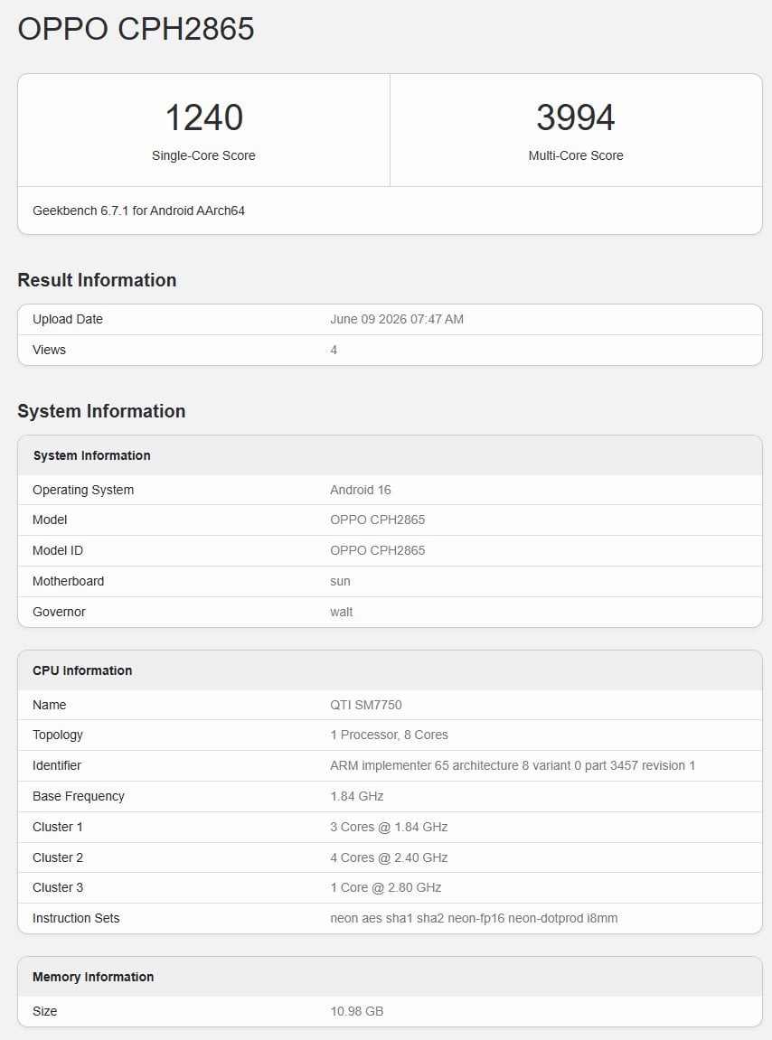 Oppo Reno 16 5G Geekbencch-