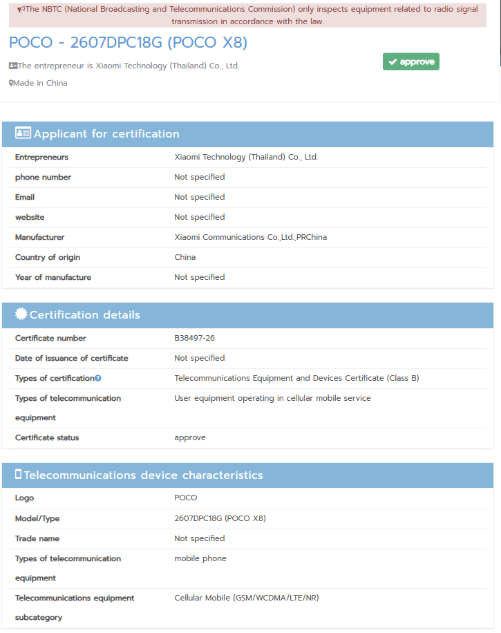 Poco X8 NBTC certified