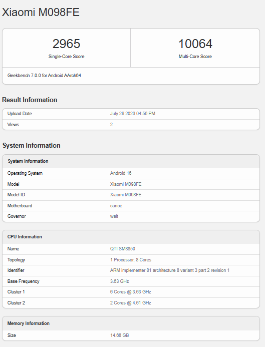 Redmi K100 Pro series Geekbench-