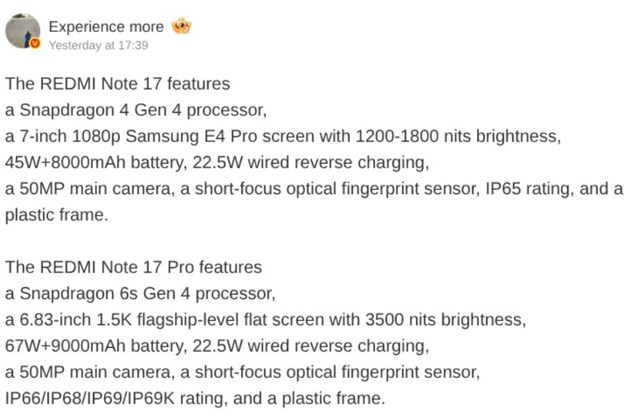 Redmi Note 17 and Note 17 Pro Specs Leak