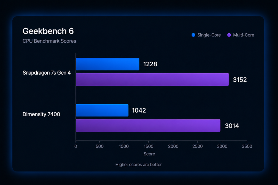 Snapdragon 7s Gen 4 vs Dimensity 7400 - Geekbench score
