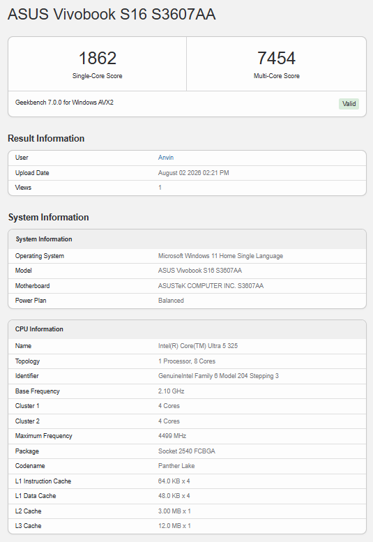 Asus Vivobook S16 Geekbench 7 CPU