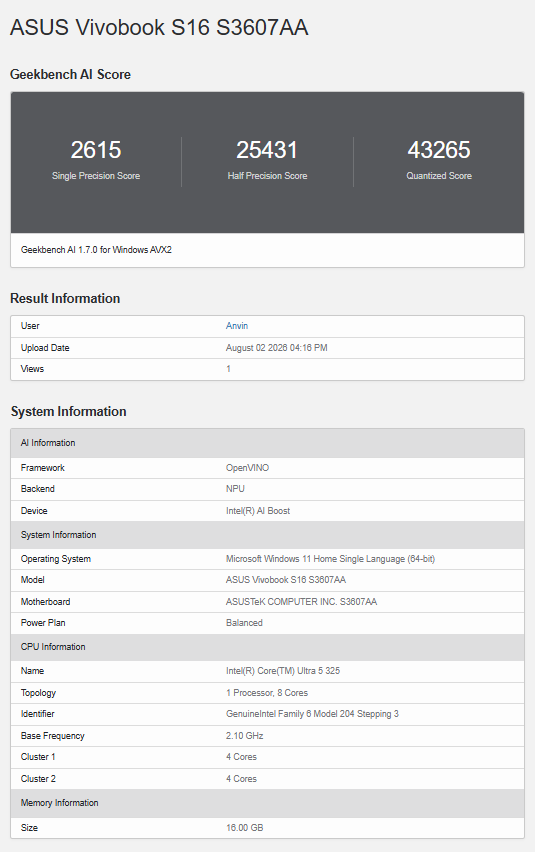 Asus Vivobook S16 Geekbench AI