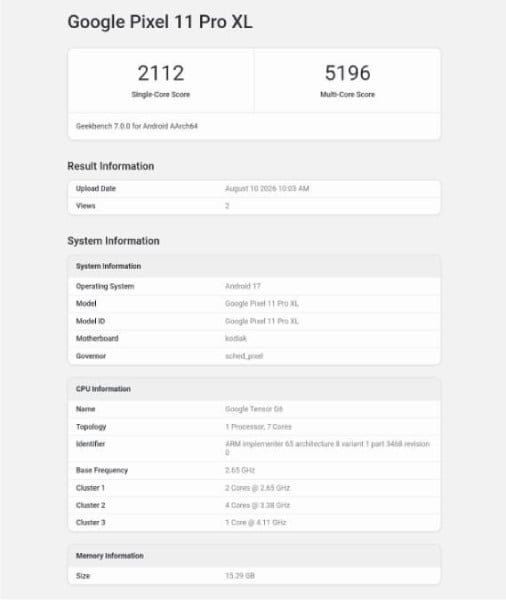 Google Pixel 11 Pro XL Geekbench