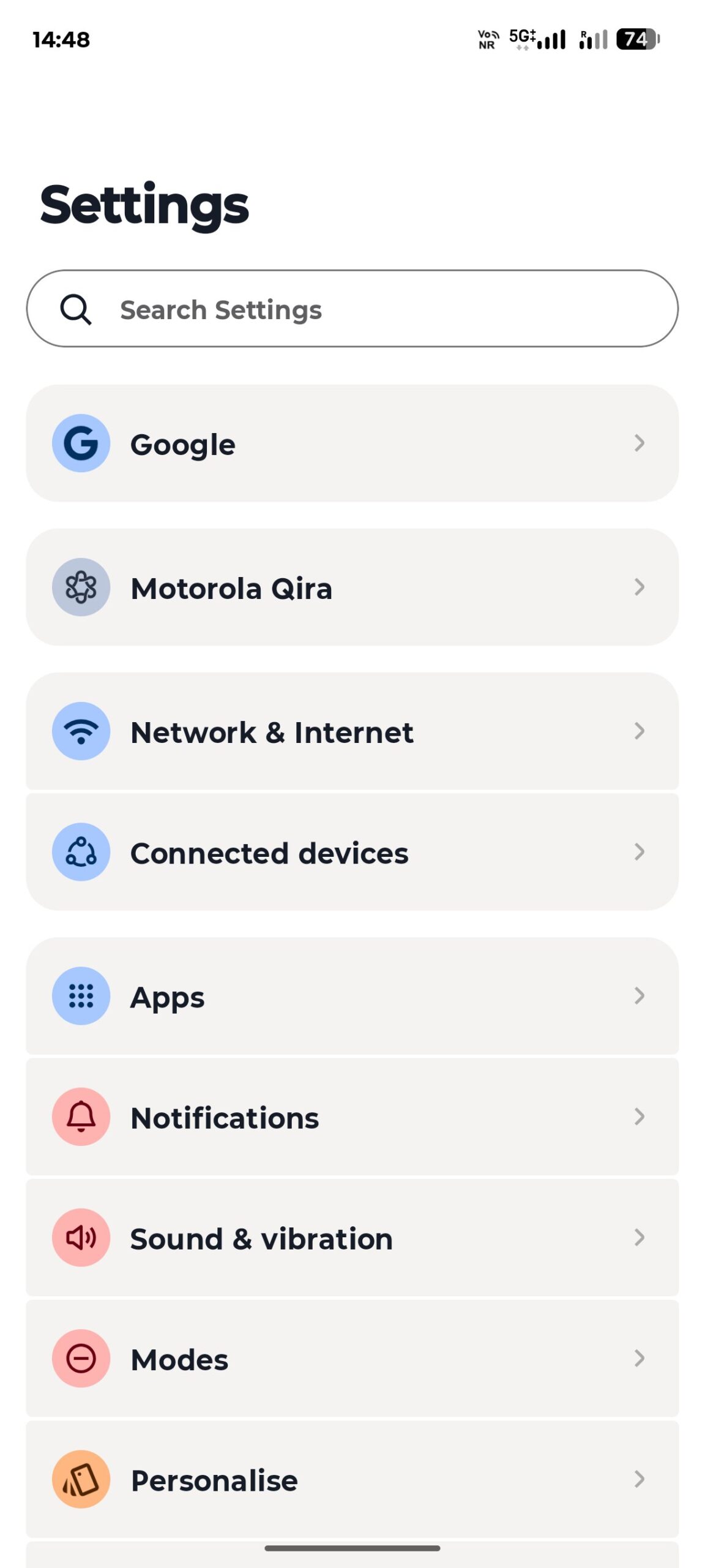 Motorola Android 17 beta Settings page UI