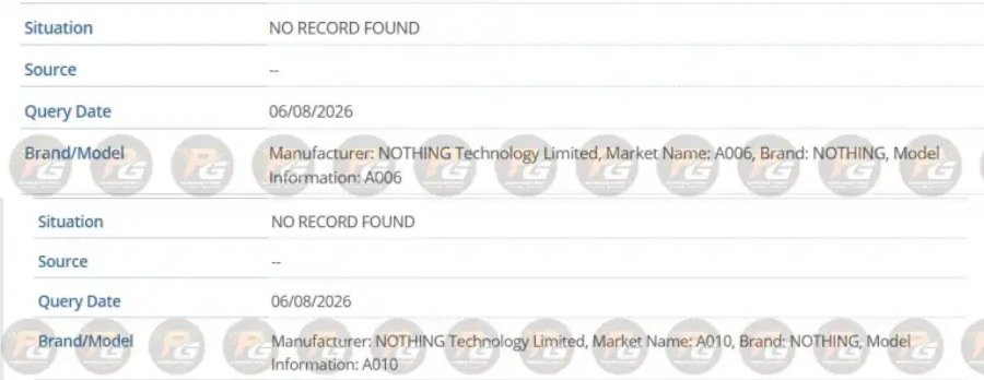 Nothing A006 and A010 IMEI Listing