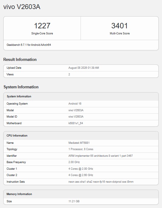 Vivo V2603A Geekbench