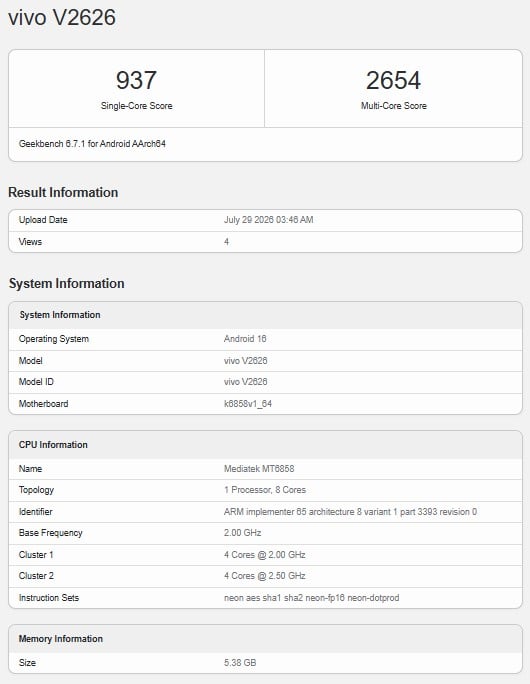 Vivo V2626 Geekbench