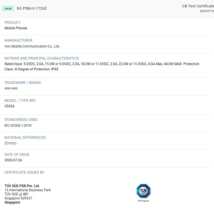 Vivo V2626 TUV listing