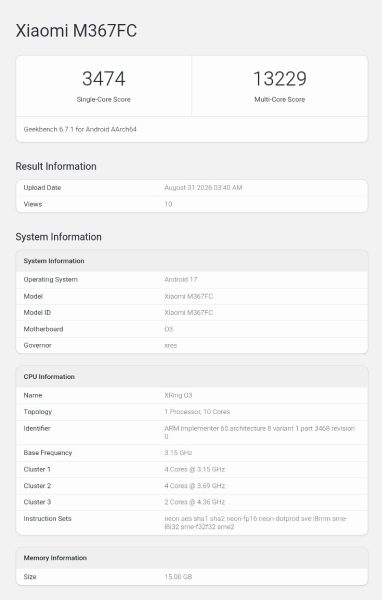 Xiaomi Pad 9 Pro Max XRING O3 Geekbench