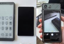Hisense A10 e-ink phone with detachable LCD shown in detailed hands-in images