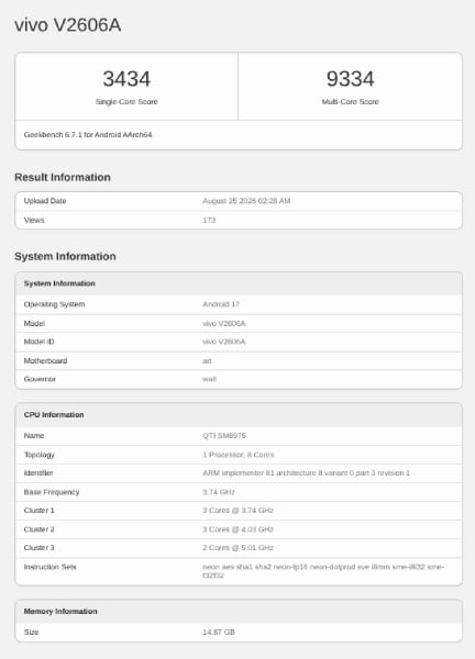iQOO 16 Geekbench