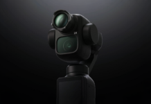 A teleconverter accessory attached to the DJI Osmo Pocket 4P dual-camera gimbal system.
