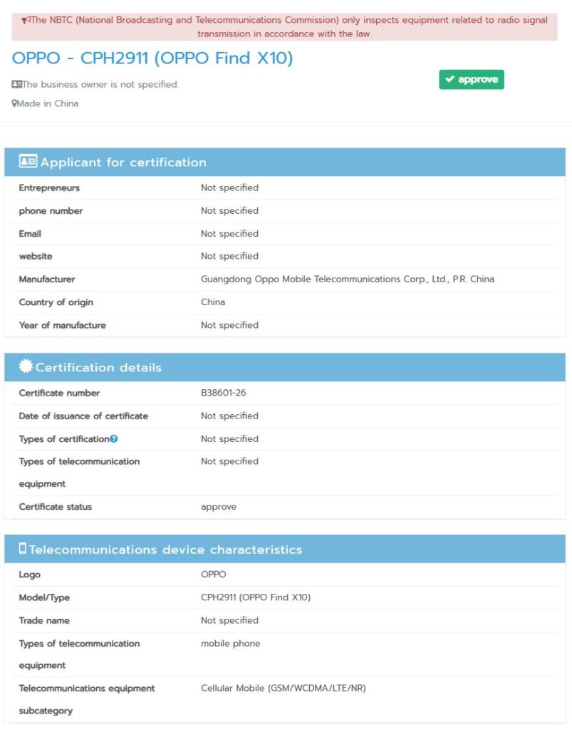 Global Oppo Find X10 NBTC listing