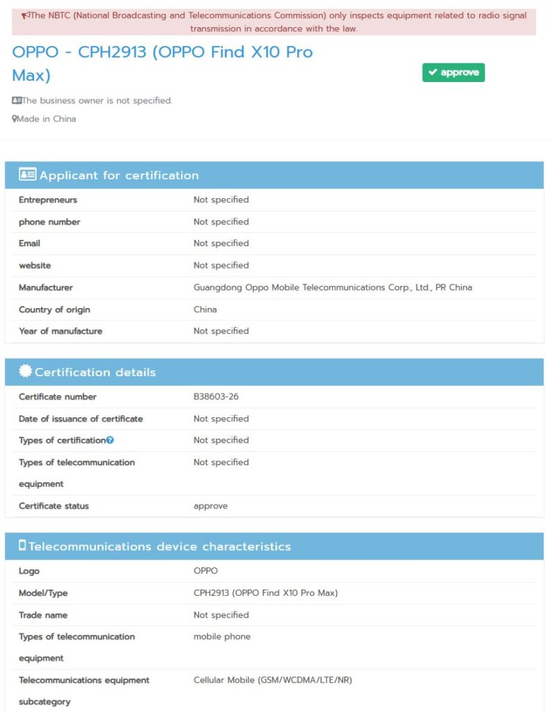 Global Oppo Find X10 Pro Max NBTC listing