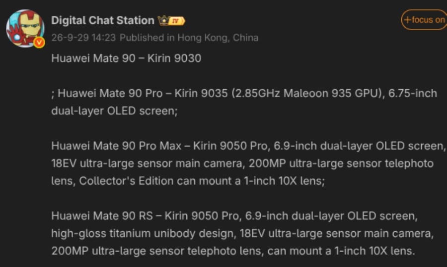 Huawei Mate 90 series chip leak