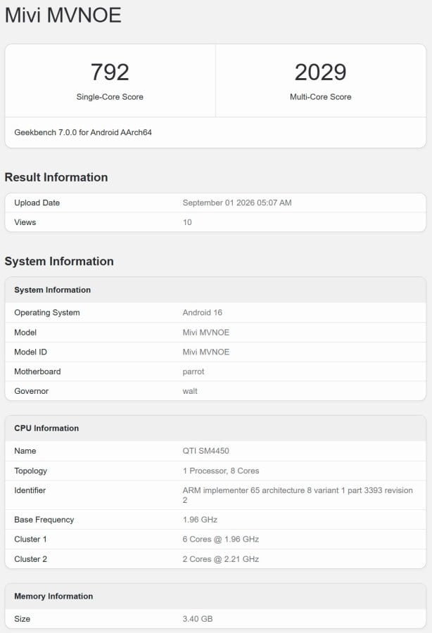 Mivi One 5G Geekbench listing