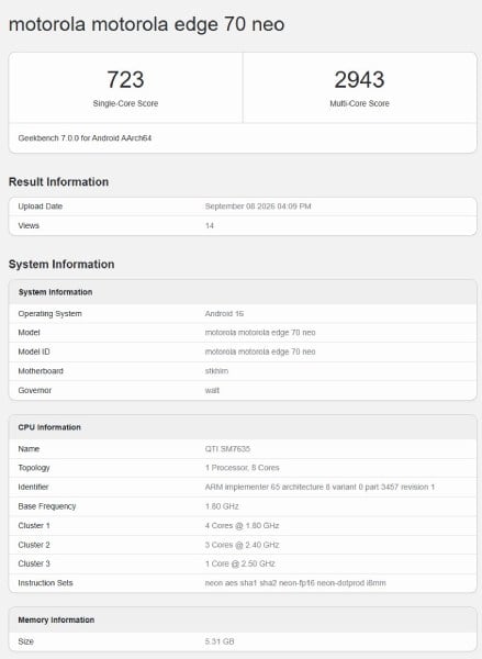 Motorola Edge 70 Neo Geekbench