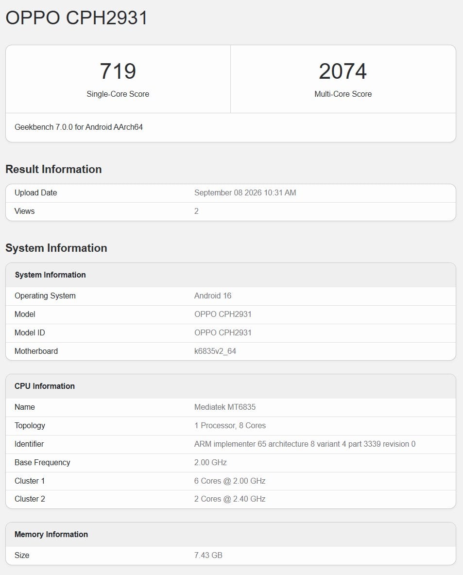 Oppo A7 Pro 5G Geekbench listing
